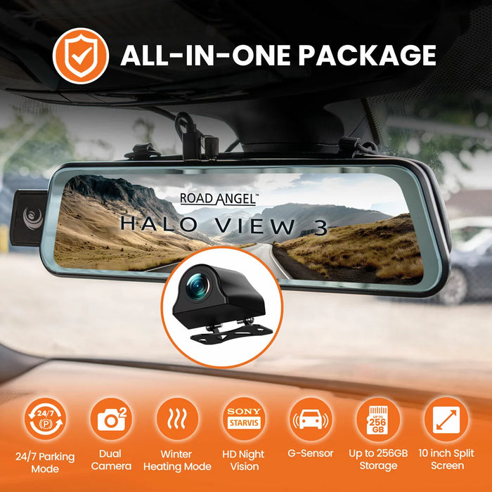 Road Angel Halo View 3 2160P 4K Mirror Dual Dash Cam with 10" Anti-glare LCD Touch Screen & Dual Parking Mode
