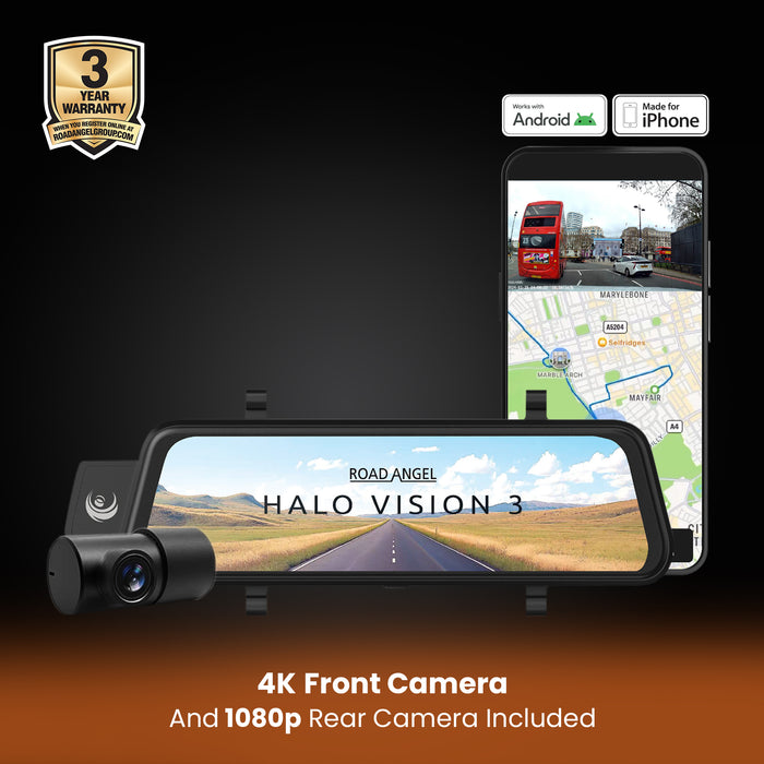 Road Angel Halo Vision 3 2160P 4K Mirror Dual Dash Cam with 10" Anti-glare LCD Touch Screen & Dual Parking Mode