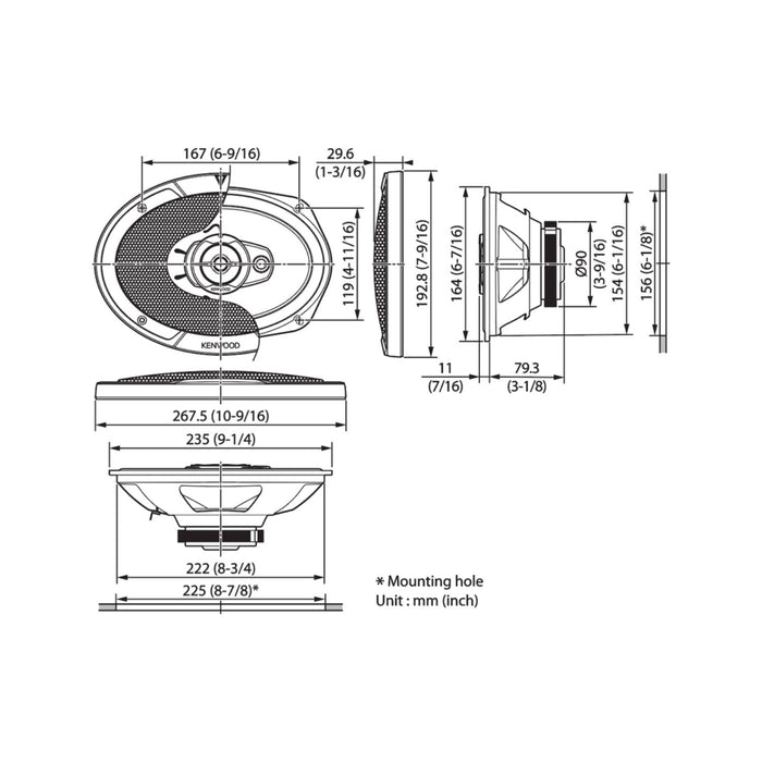 Kenwood KFC-S6977EX Stage Sound Series 6" x 9" Flush Mount 3-Way 3-Speaker System