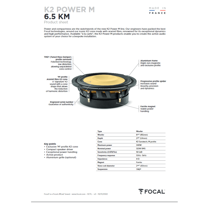 Focal Car Speakers Focal Elite 6.5KM-MIDRANGE-K2M K2 Power 80mm Midrange Speaker Driver Pair