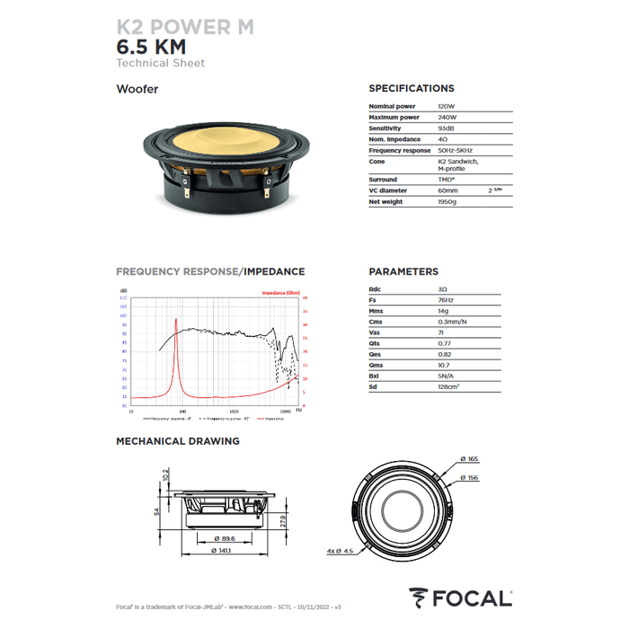 Focal Car Speakers Focal Elite 6.5KM-MIDRANGE-K2M K2 Power 80mm Midrange Speaker Driver Pair