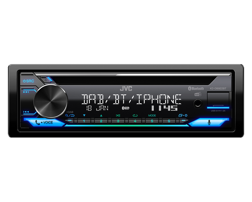 JVC KD-DB922BT CD Car Radio with DAB+ and Bluetooth Hands-Free Kit (USB, AUX-In, 3 x Pre-Out 2.5 V, Amazon Alexa, Sound Processor, 4 x 50 W, VAR. Lighting)